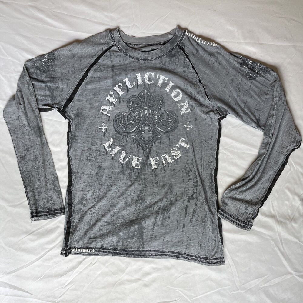 Affliction Live Fast Gray Long Sleeve Shirt Textured Men’s Medium MMA Distressed